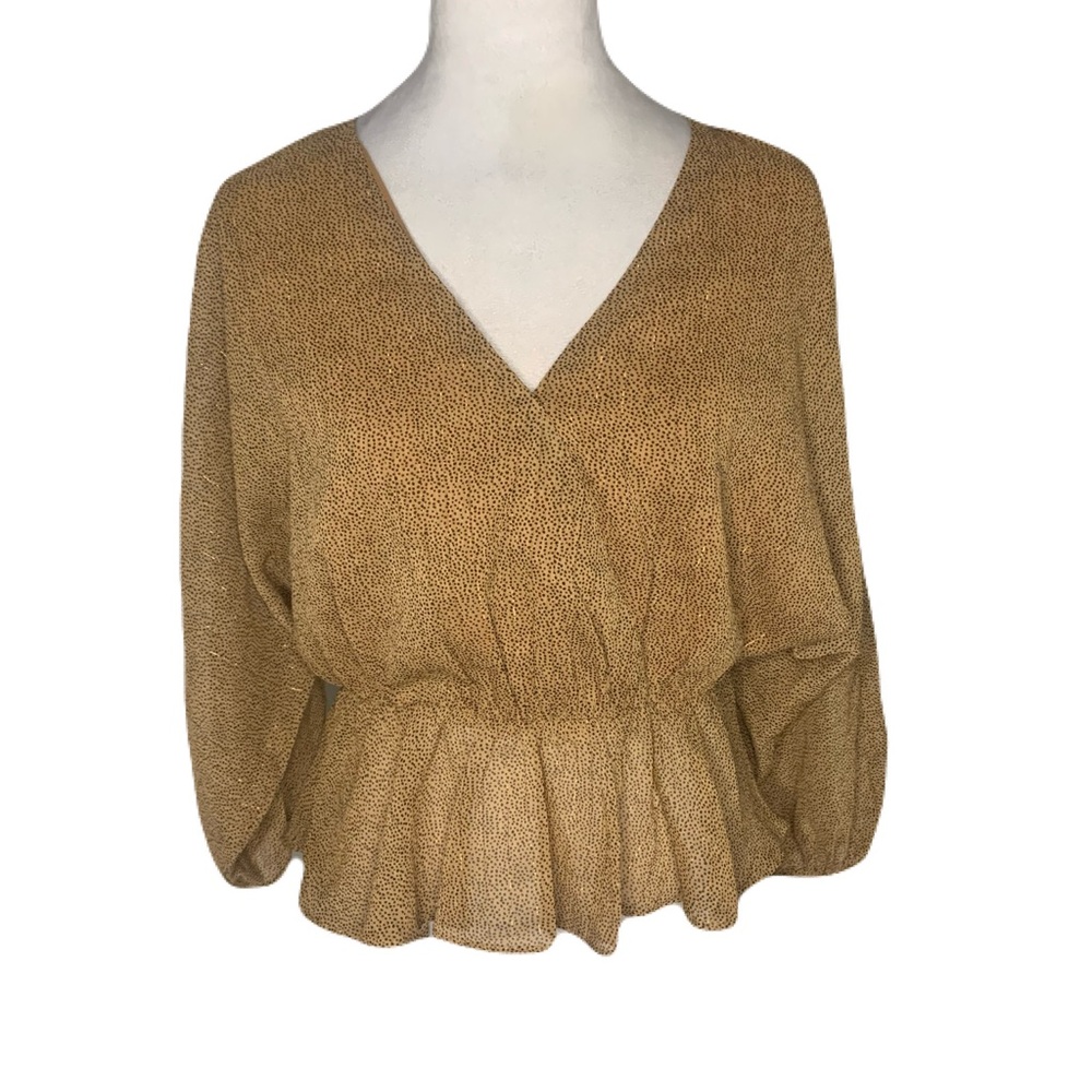 MINKPINK Womens Medium Tan Metallic Animal Print V-Neck Peplum Cropped Blouse